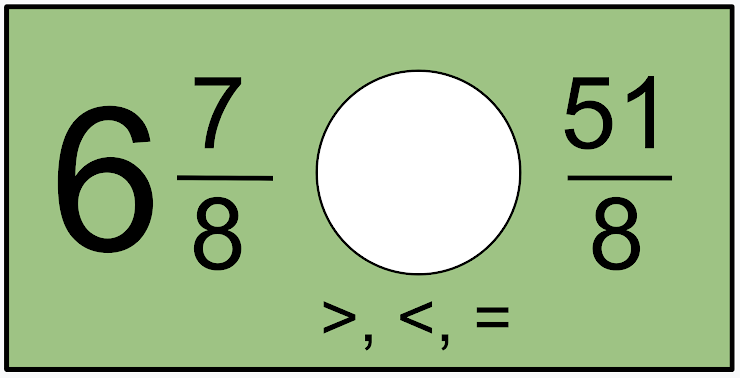 "Six and seven eighths is ___________________ fifty-one eighths."