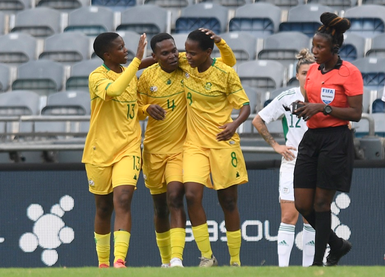 Hildah Magaia celebrates her goal for Banyana Banyana in their 2022 Africa Women Cup of Nations qualifier against Algeria at Orlando Stadium on the February 18 2022.