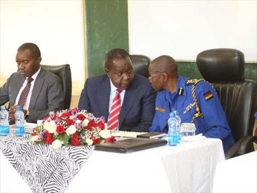 CSs Joe Mucheru, Fred Matiang'i and IG Joseph Boinnet during the opening of Regional Police Commanders Leadership Development Course in Loresho on Monday, January 28, 2019. /COURTESY