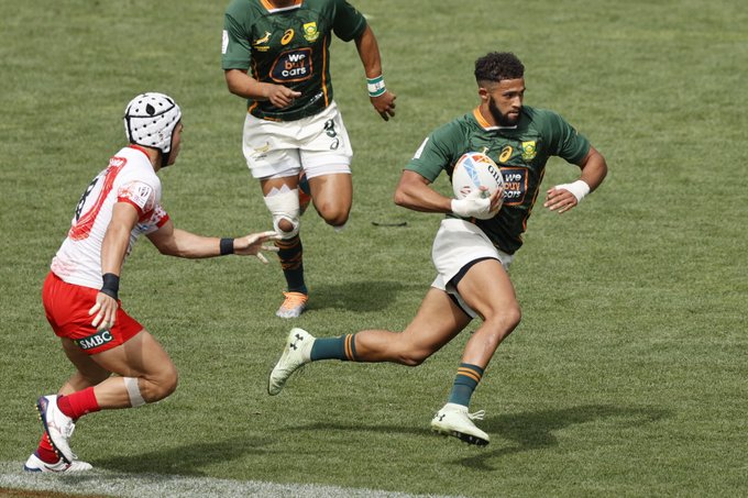 Springbok Sevens player Dalvon Blood in action against Japan.