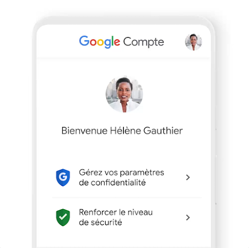 Menu d'un compte Google sur un appareil mobile, affichant les recommandations relatives à la confidentialité et à la sécurité