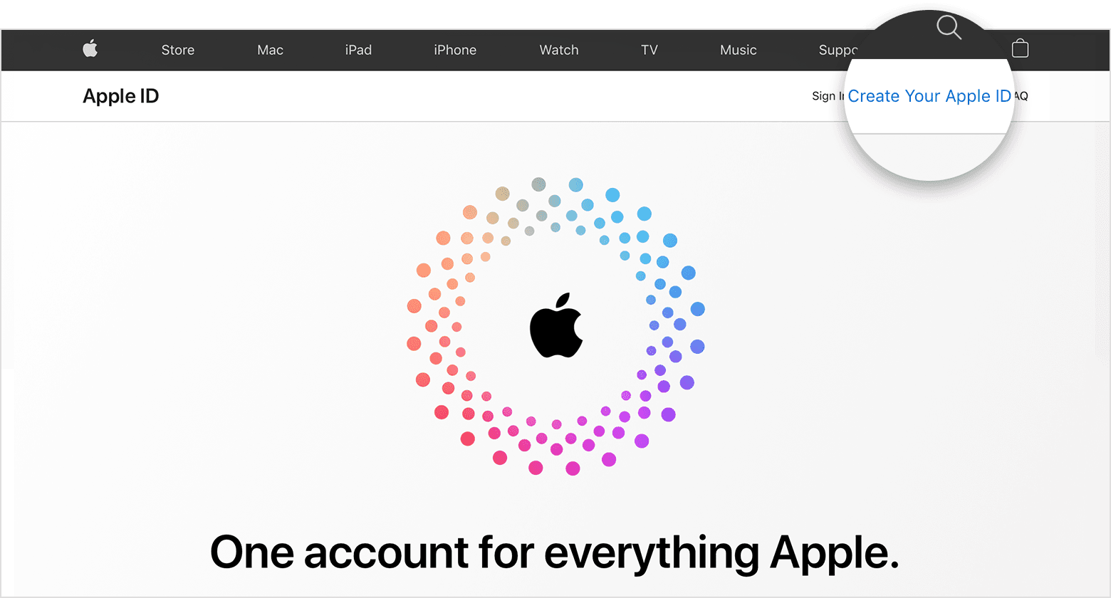 Jepretan layar appleid.apple.com yang menampilkan logo Apple di tengah layar dan dikelilingi lingkaran berwarna konsentris.