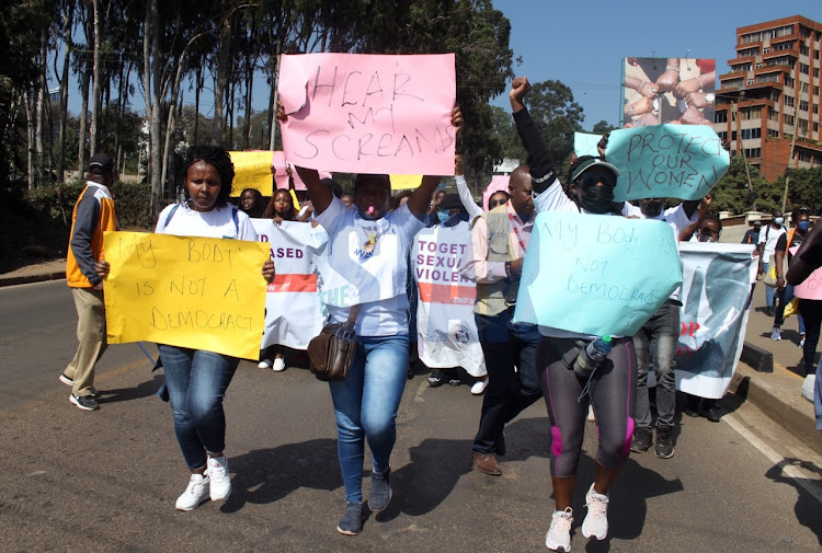 Women take part in a procession organized by FIDA condemning violence against women and girls in public and private spaces at Nairobi CBD on March 8, 2022.