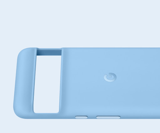 A face-down Pixel 8 Pro Case in Bay color. The metallic Google "G" on the back shines.