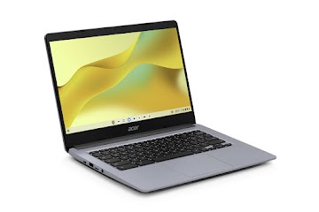 Vue du côté gauche d'un Chromebook Acer 314 ouvert affichant l'écran d'accueil.