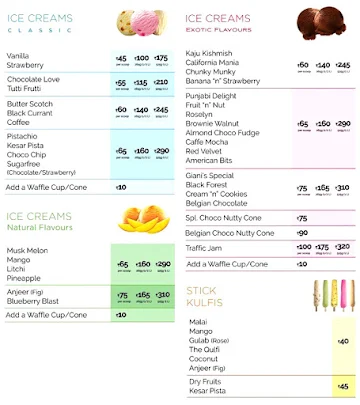 Giani's Ice Cream menu 