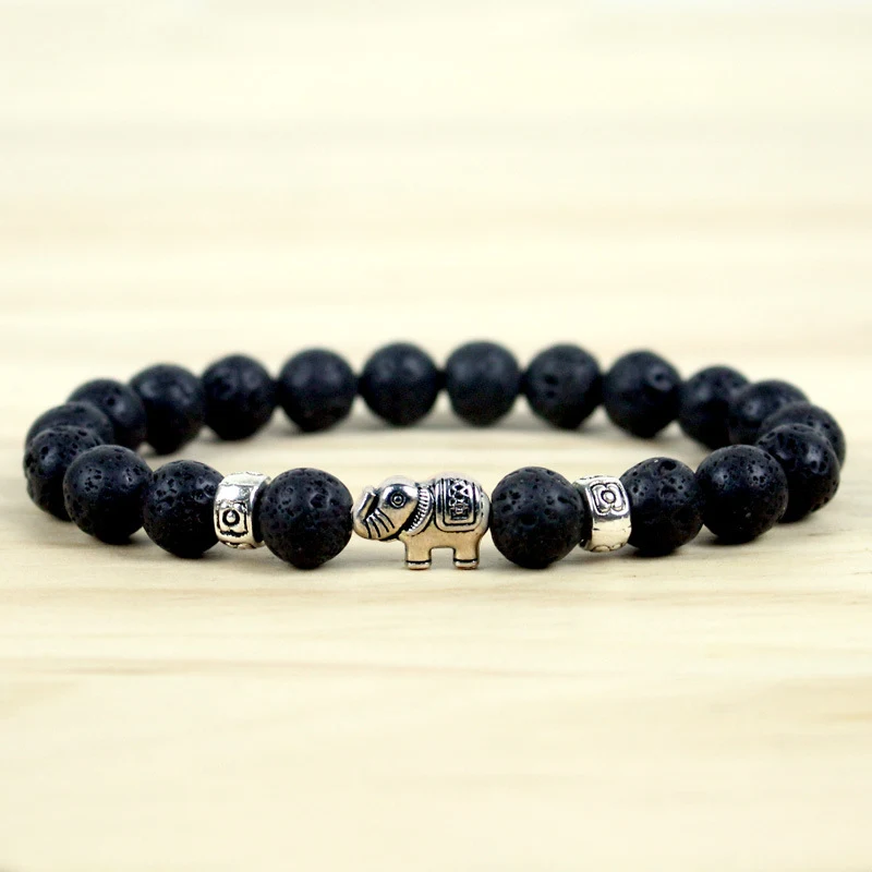 Pulseira masculina com elefante de pedra vulcânica natural de 8mm colorida. Pulseira de contas para proteção e boa sorte. Estilo e significado.