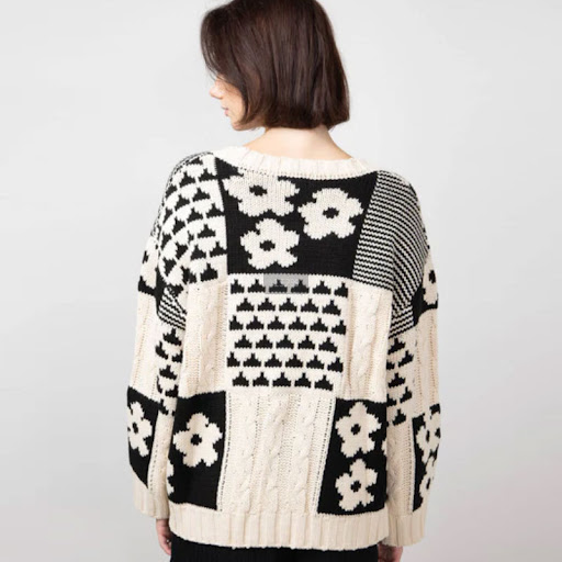 Title 5, Square Flower Casual Loose Round Neck Pullover ...