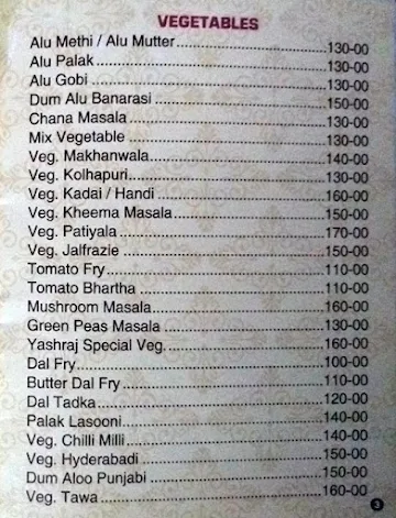 Yash Raj menu 