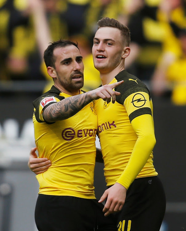 Borussia Dortmund's Paco Alcacer celebrates scoring their second goal with Jacob Bruun Larsen