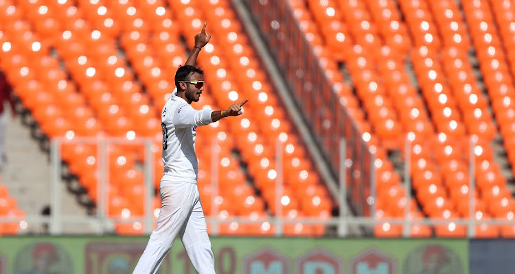 Axar Patel of India celebrates the wicket of Dom Bess of England during Day One of the 4th Test Match between India and England at the Narendra Modi Stadium on March 04, 2021 in Ahmedabad, India.