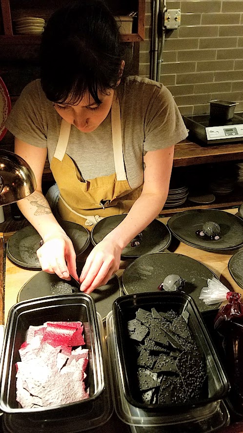 Chefs Who Inspire Dinner with Justin Woodward, dessert course 1 of Black sesame ice cream, ash meringue, cassis, purple rice by Maya Erickson