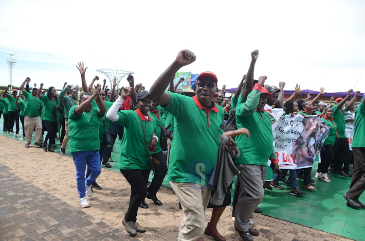 Kenya National Union of Teachers workers marching during labor day celebration at Uhuru Gardens on May 1, 2024.