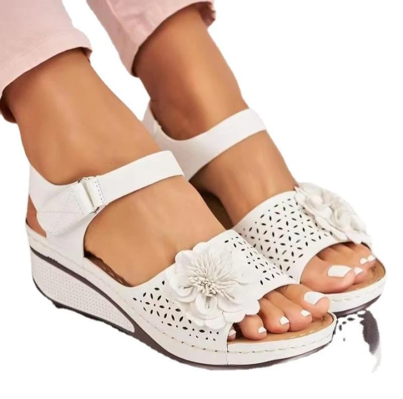 Women's Summer Plus Size Hollow-out Flower Platform Wedge Sandals, comfortable and stylish for warm weather wear, perfec