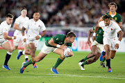 The Springboks' Handre Pollard runs with the ball during the 2019 Rugby World Cup final against England at International Stadium Yokohama in Tokyo, Japan on Saturday.
