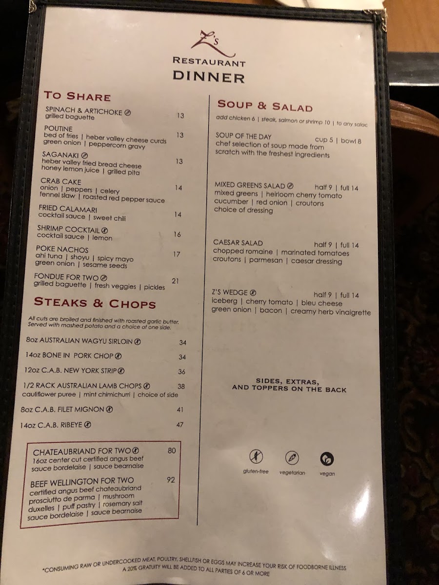 Z's Steak and Chop Haus gluten-free menu