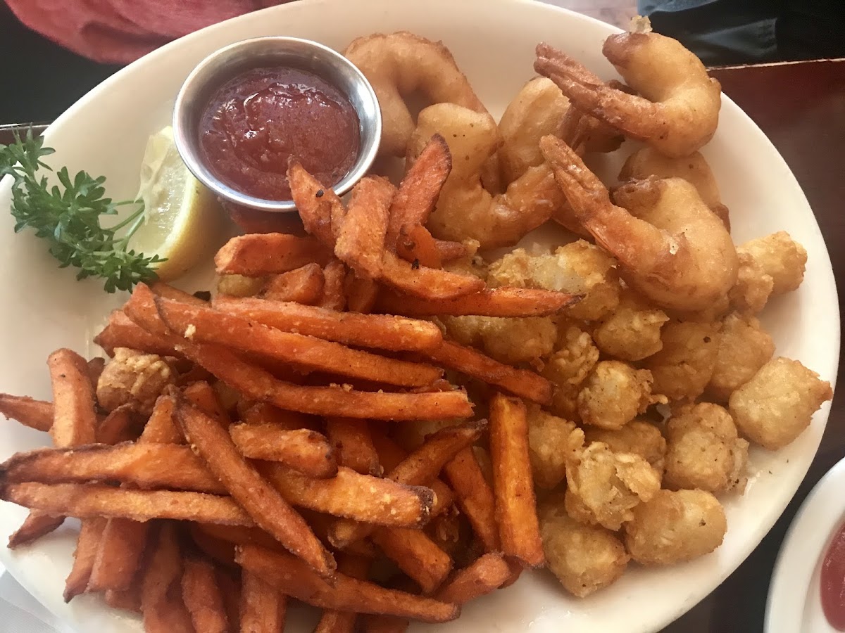 GF Fried Shrimp, Sweet potato fries and tater tots