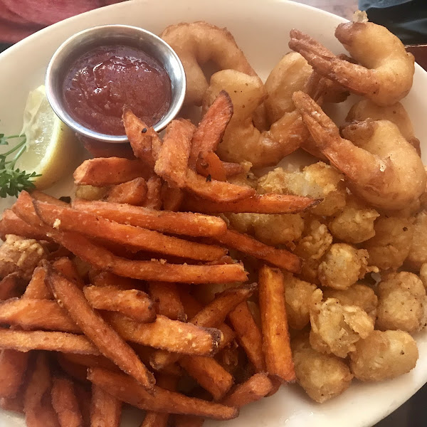 GF Fried Shrimp, Sweet potato fries and tater tots