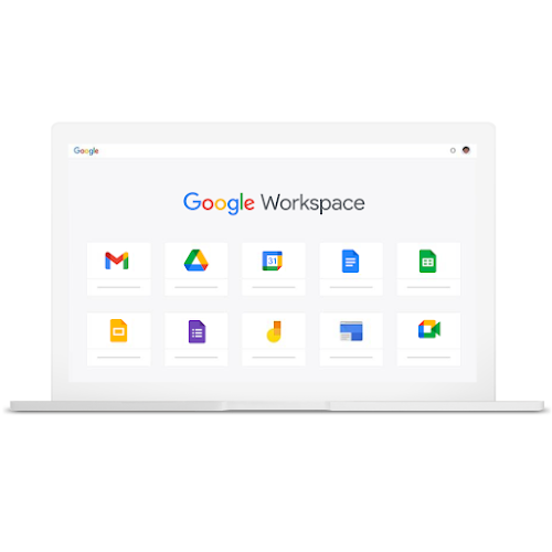 Un ordinateur portable avec différents produits Google faisant partie de Google Workspace