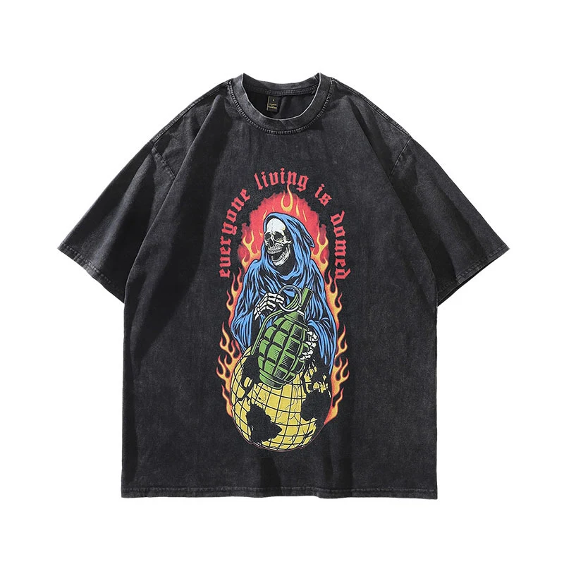 American Street Vintage Retro Style Washed Vintage Printed Short Sleeve T-shirt, a comfortable and stylish everyday casu