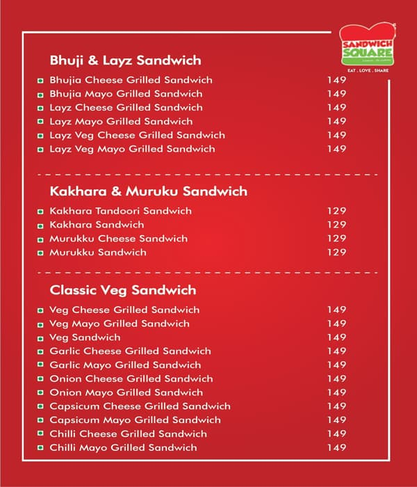 Sandwich Square menu 