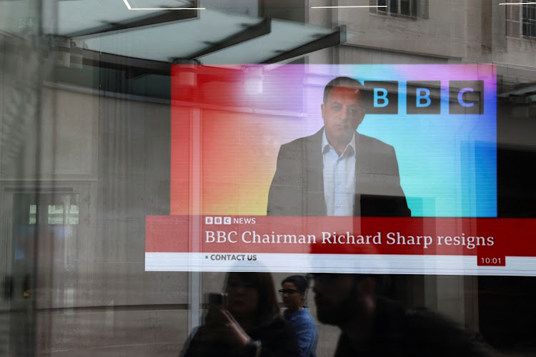 A screen inside BBC headquarters broadcasts a statement by Richard Sharp following his resignation, in London, Britain, on April 28 2023. Picture: HENRY NICHOLLS/REUTERS