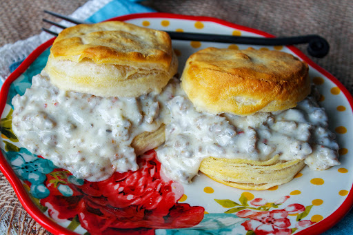 Spicy sausage gravy poured over biscuits.