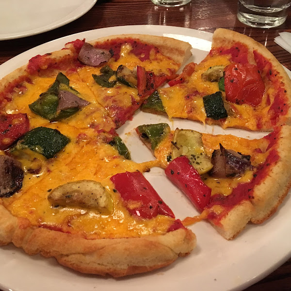 My favorite GF pizza with cheddar and roasted vegetables