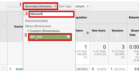 Configuring the discount custom UTM parameter in the report section of Google Analytics