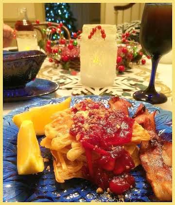 Eggnog Waffles with Cranberry Orange Rum Compote