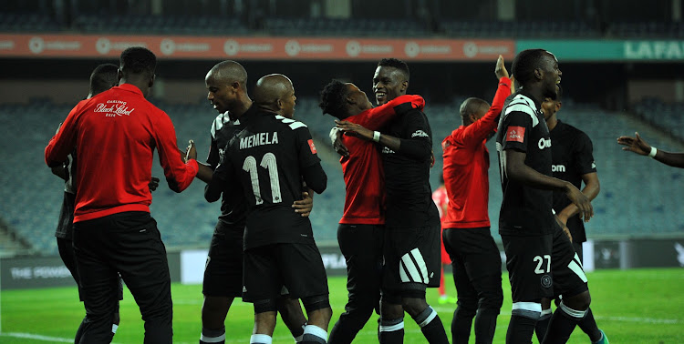 Augustine Mulenga of Orlando Pirates celebrates goal with teammates during the Absa Premiership match against Bidvest Wits 25 April 2018 at Orlando Stadium.