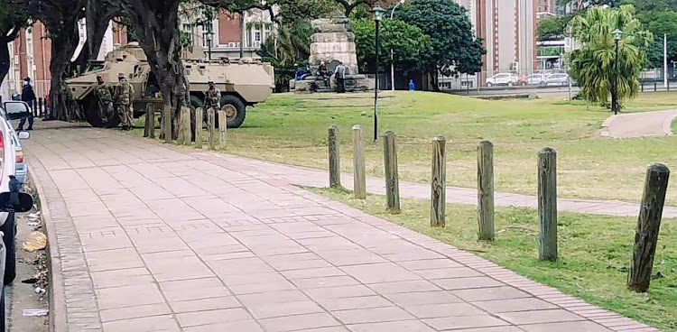 Members of the SANDF and police outside King Dinuzulu Park (formerly Louis Botha Park) in central Durban ahead of a national shutdown march which had been planned for Monday.