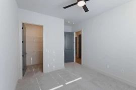 Bedroom with white walls and trim, plush carpet, walk-in closet, dark gray doors, and ceiling fan