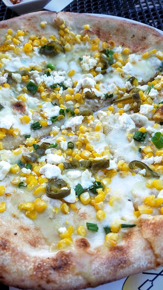 Ken's Artisan Pizza, 12 inch thin crust perfection, this one is the seasonal Fresh corn with corn, mozzarella, ricota salata, smoked pickled jalapenos, scallions and the Ken's Old Fashioned with Evan Williams, Ramazotti Amaro, demerara sugar, Angostura bitters, and orange skin