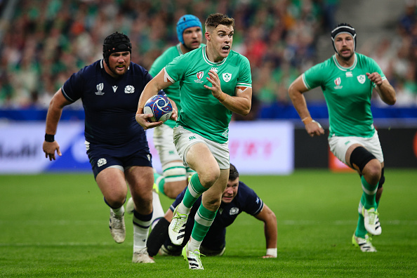 Garry Ringrose of Ireland breaks away to set up the opening try during their 2023 Rugby World Cup match against Scotland at Stade de France.