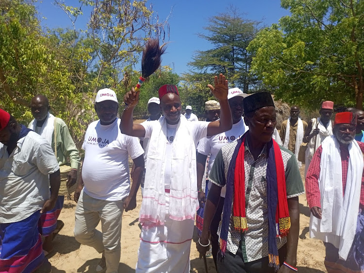 USPK party leader Walter Mong'are Nyambane at the Magarini Cultural Centre in Kilifi county on Tuesday.