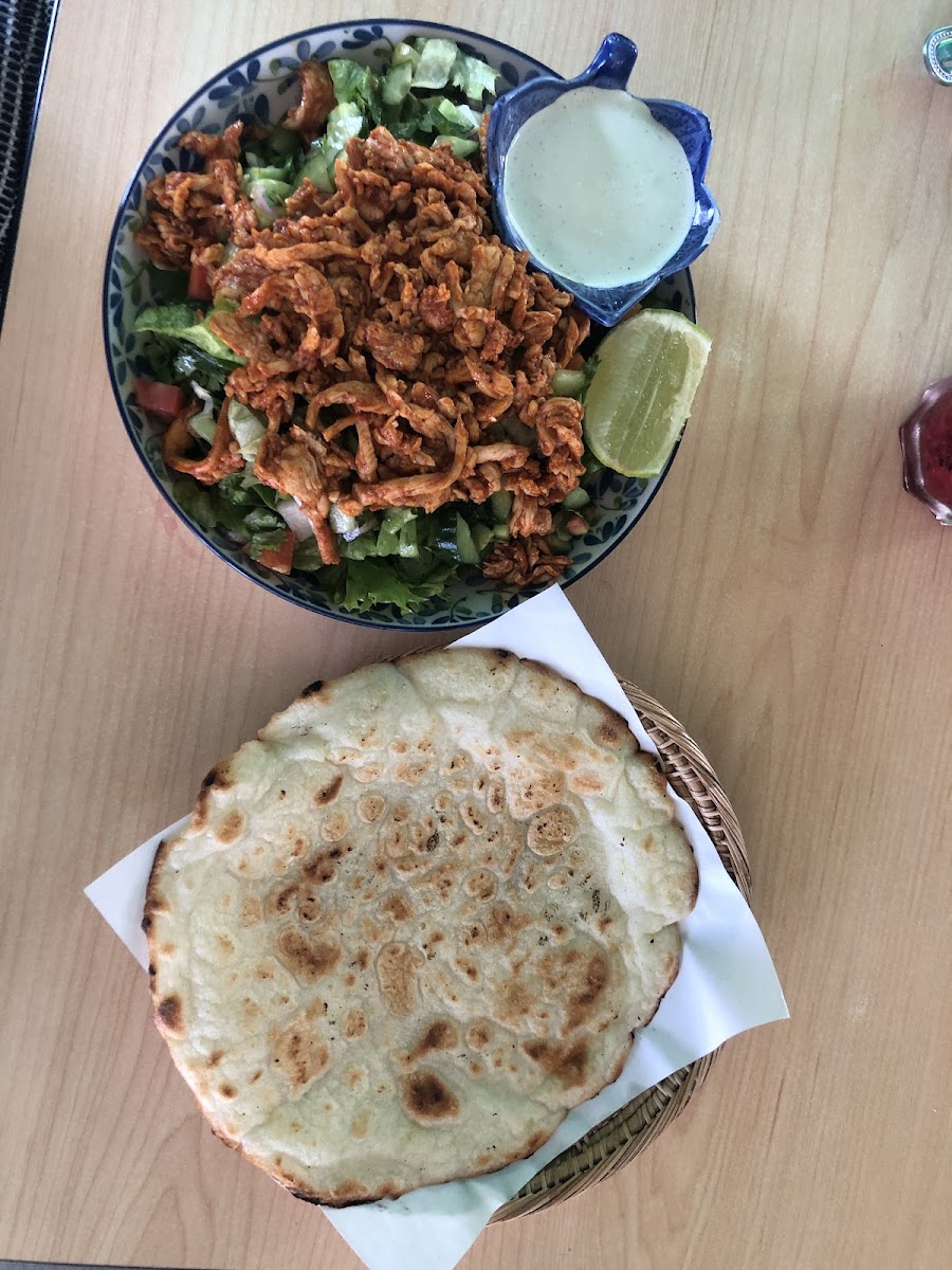 Chicken shawarma salad with GF pita