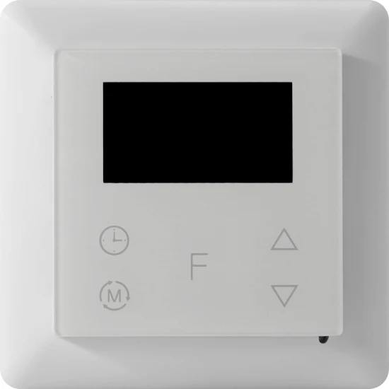 En vit Z-Wave Touch Termostat 16A frn Namron med svart display och symbolknappar visas framifrn. Elbutik.se erbjuder denna smarta termostat fr energisnl temperaturstyrning i hemmet.
