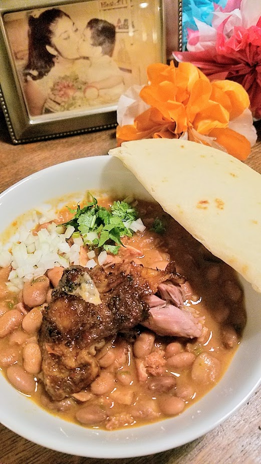 Day of the Dead or Dia de los Muertos Dinner with Hand Made Mexico with Chef Cynthia Vigil and Feastly, main course of Chamorro Adobado and Frijoles Charros