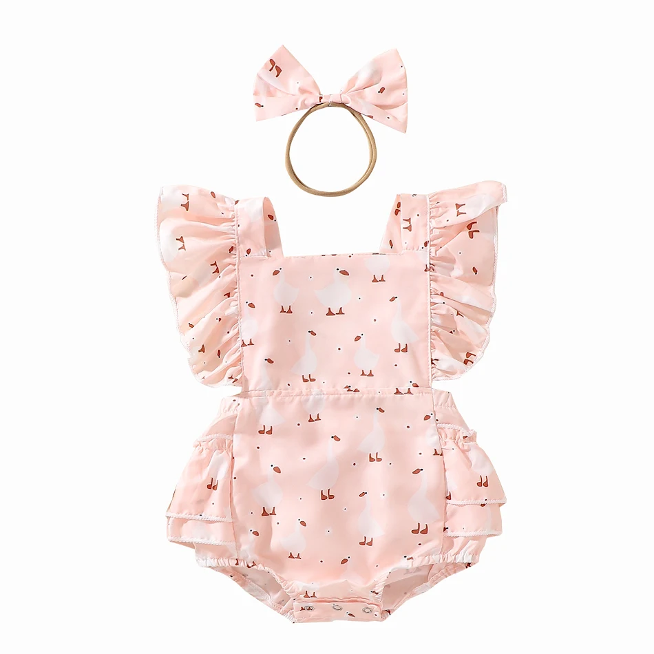 Schattige Cartoon Eend Flounce Mouw Romper Haarband Set. Comfortabel en stijlvol voor je baby. De perfecte outfit voor zonnige dagen.