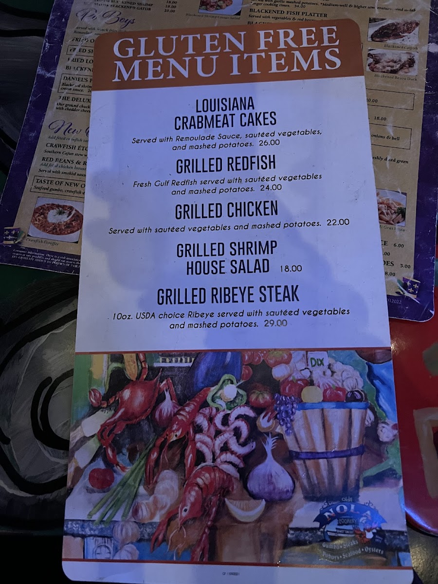 Olde NOLA Cookery gluten-free menu