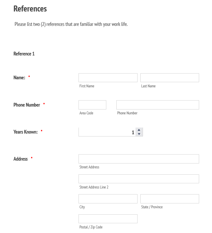 Screenshot of a references form including fields for reference names and contact information.