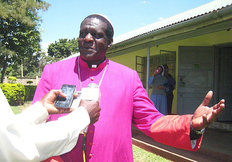 Kakamega Catholic Diocese Bishop Joseph Obanyi speaking to journalists at St. Josephs Catholic church in Kakamega on Friday.