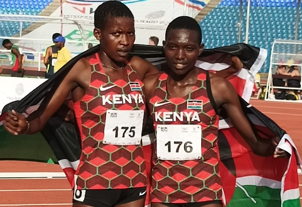 Nancy Cherop and Janet Chepkosgei pose for a photo after a 1-2 finish in women's 1,500m