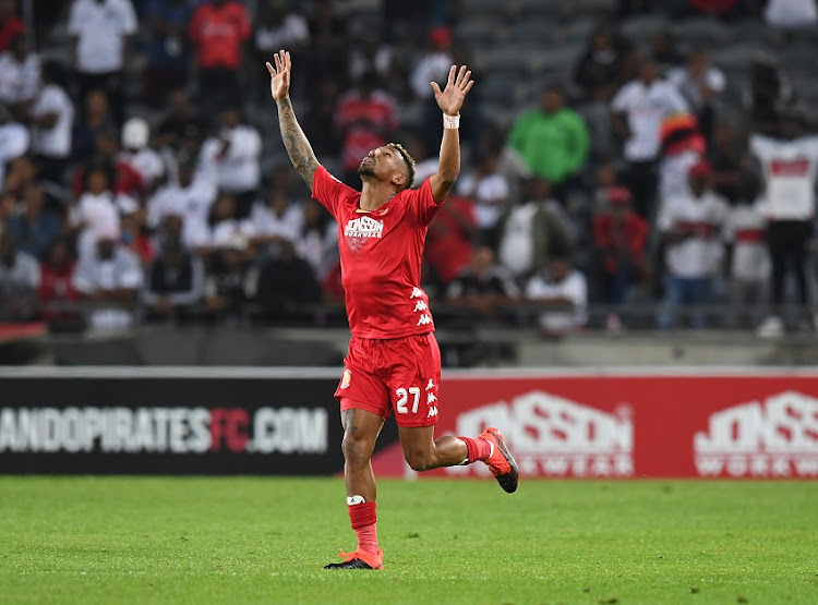 Wayde Jooste of Highlands Park celebrating his goal during the MTN 8, quarter final match Orlando Pirates and Highlands Park at Orlando Stadium on August 17, 2019 in Johannesburg, South Africa.