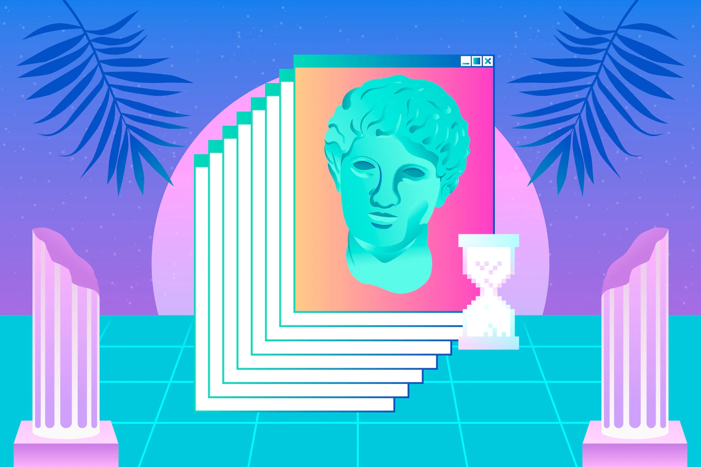 A picture showing a 1980s inspired 'vaporwave' style wallpaper.