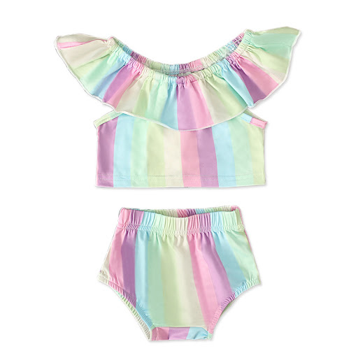 Title 3, Ruffled off-shoulder rainbow color two-piece su...