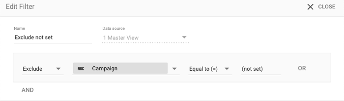 The Edit Filter dialog for a filter called Exclude not set filter with the settings Exclude Equal to (=) (not set) for the field Campaign. 