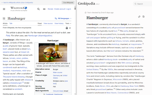 Grokipedia + Wikipedia Split View screenshot 1
