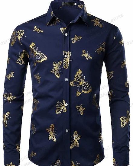 Long Sleeve Hawaiian Shirts Golden Floral Shirts Men Fash... - 3